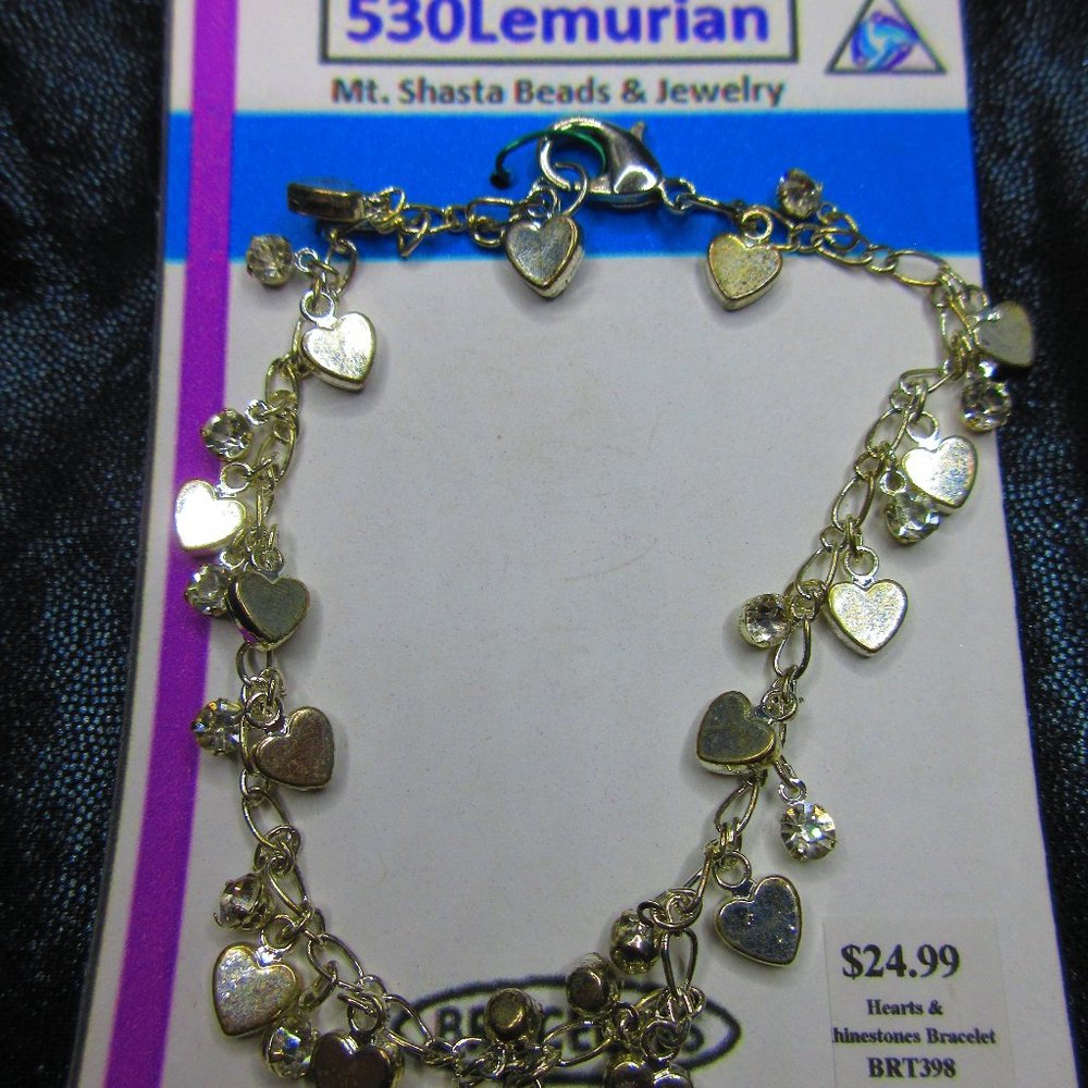 Hearts & Rhinestones Charm Jewelry Bracelet Adjustable Lobster Claw Clasp
